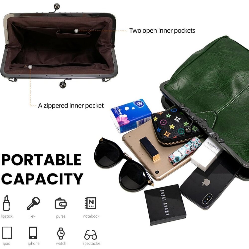 Women's Green Vegan Leather Kiss Lock Elegant Satchel Evening Crossbody Clutch - Picture 5 of 6